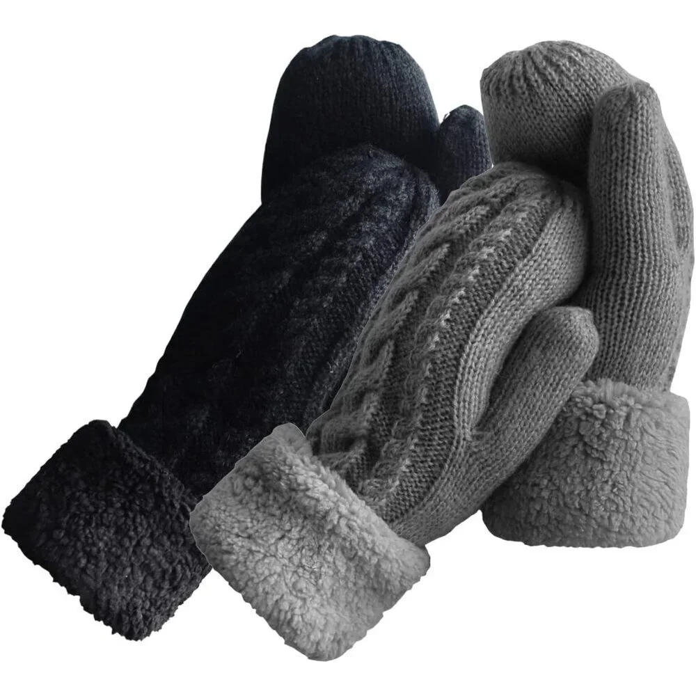 Women's Black Dark Gray Winter Warm Imported Fleece Lining Wool Knit Thick Glove